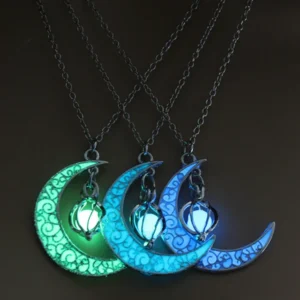 Luminous Glow-in-the-Dark Hollow Moon Pendant Necklace with Gem Charm for Women – Silver Plated Mystical Halloween Celestial Glowing Jewelry Spiritual Yoga Meditation Unique Gift