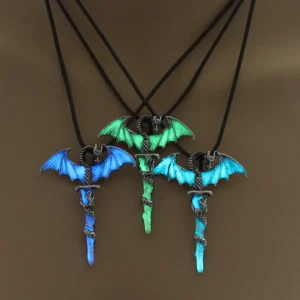 Luminous Glow-in-the-Dark Vintage Dragon Sword Pendant Necklace for Men Women – Fluorescent Ancient Warrior Fantasy Steampunk Halloween Antique Glowing Jewelry Unique Gift