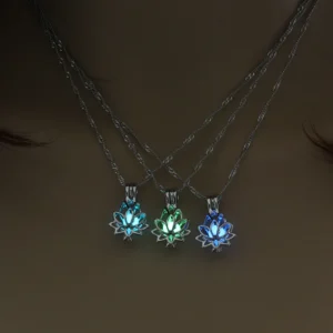 Luminous Glowing in the Dark Moon Lotus Flower Shaped Pendant Necklace for Women – Elegant Spiritual Yoga Meditation Buddhism Prayer Jewelry Unique Gift