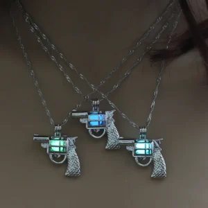 Luminous Revolver Pendant Necklace – Glow in the Dark Gun Necklace, Silver Tone Pistol Charm Statement Jewelry for Women and Men, Y2K Streetwear Fashion Gift for Parties, Festivals and Daily Wear