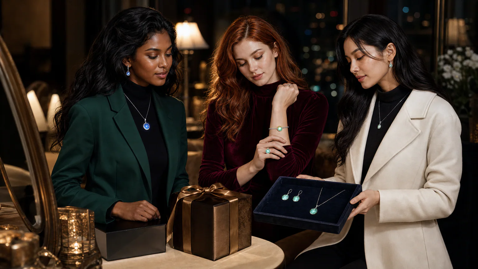Affordable statement jewelry photographed after dark as a unique jewelry gift