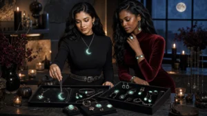 Celebration jewelry styled as Halloween glow jewelry for a night outfit