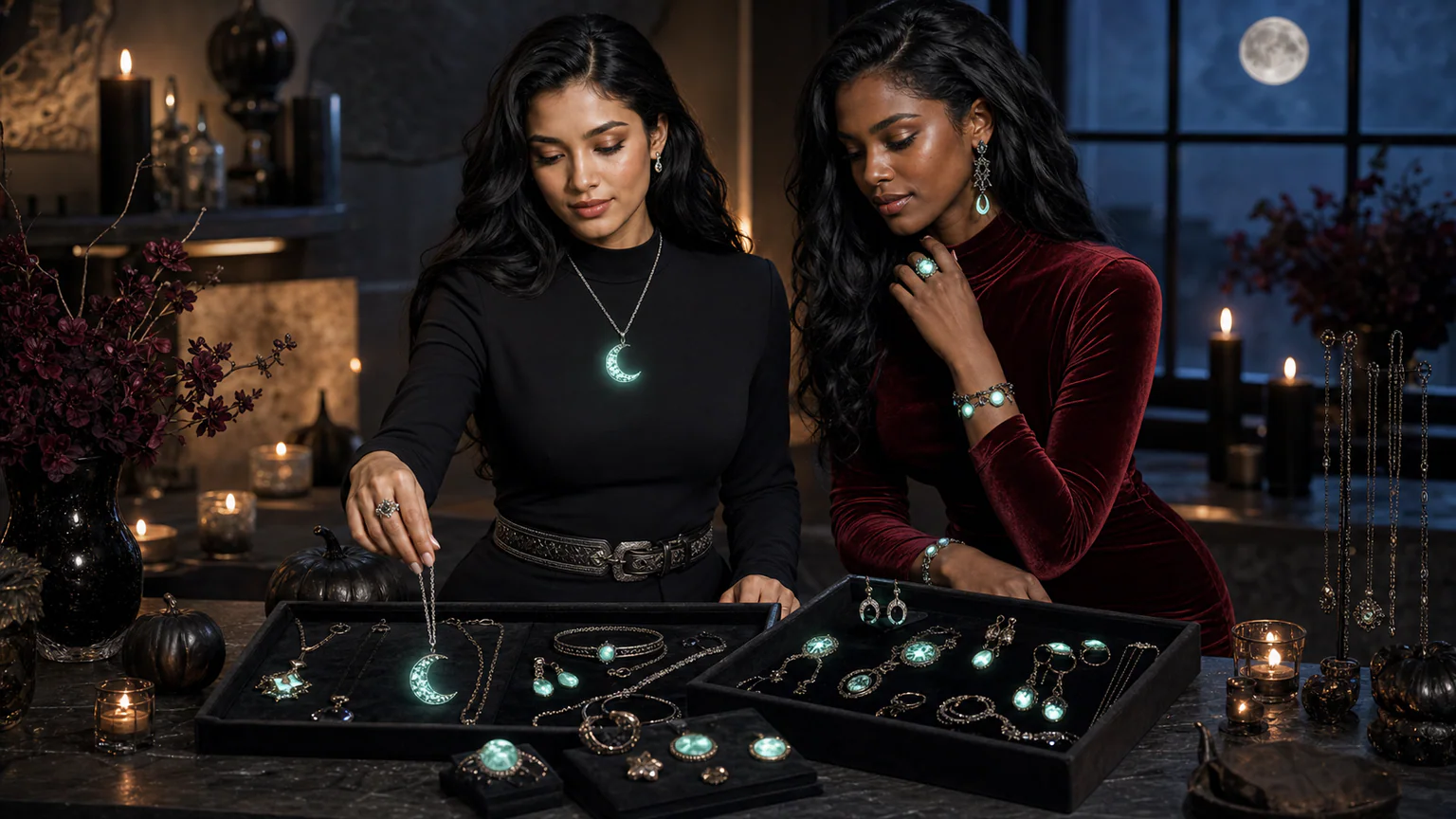 Celebration jewelry styled as Halloween glow jewelry for a night outfit