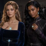 Character styling accessories paired with cosplay makeup, pulled-back hair, and fantasy jewelry