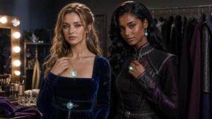 Character styling accessories paired with cosplay makeup, pulled-back hair, and fantasy jewelry