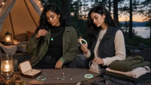 Festival camping jewelry styled with night outdoor accessories for a camping trip