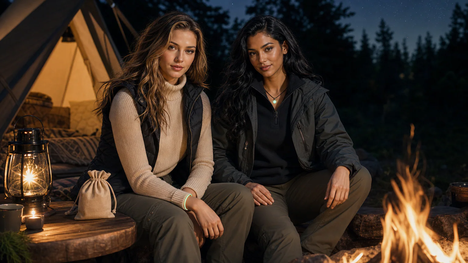 One piece of festival camping jewelry styled with a cozy night outdoor outfit