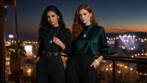 Premium-looking festival outfit accessories styled with glow jewelry after sunset