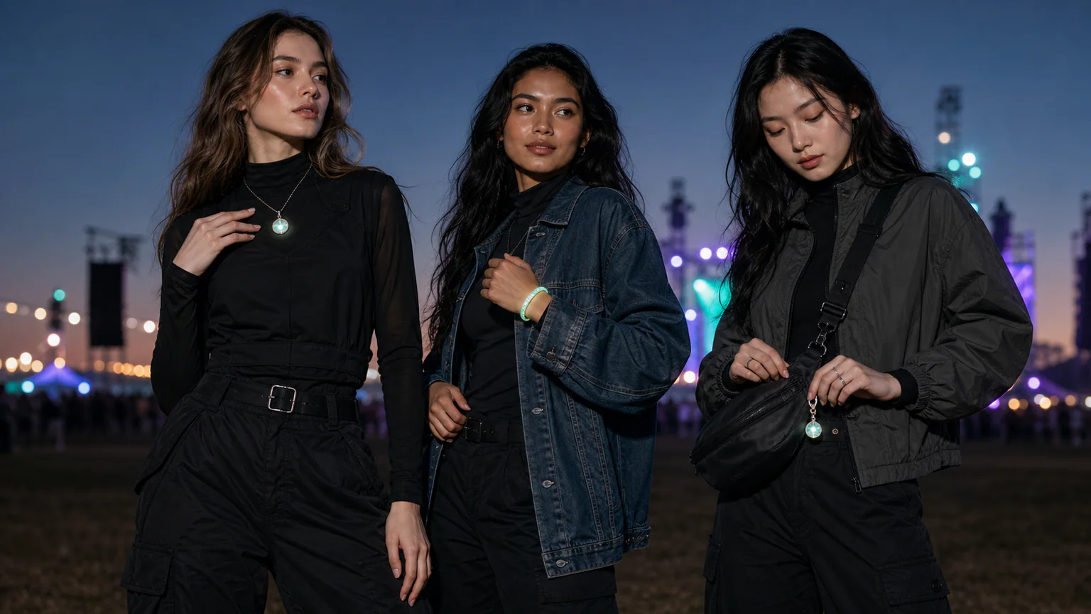 festival outfit accessories styled for low-light after-sunset sets