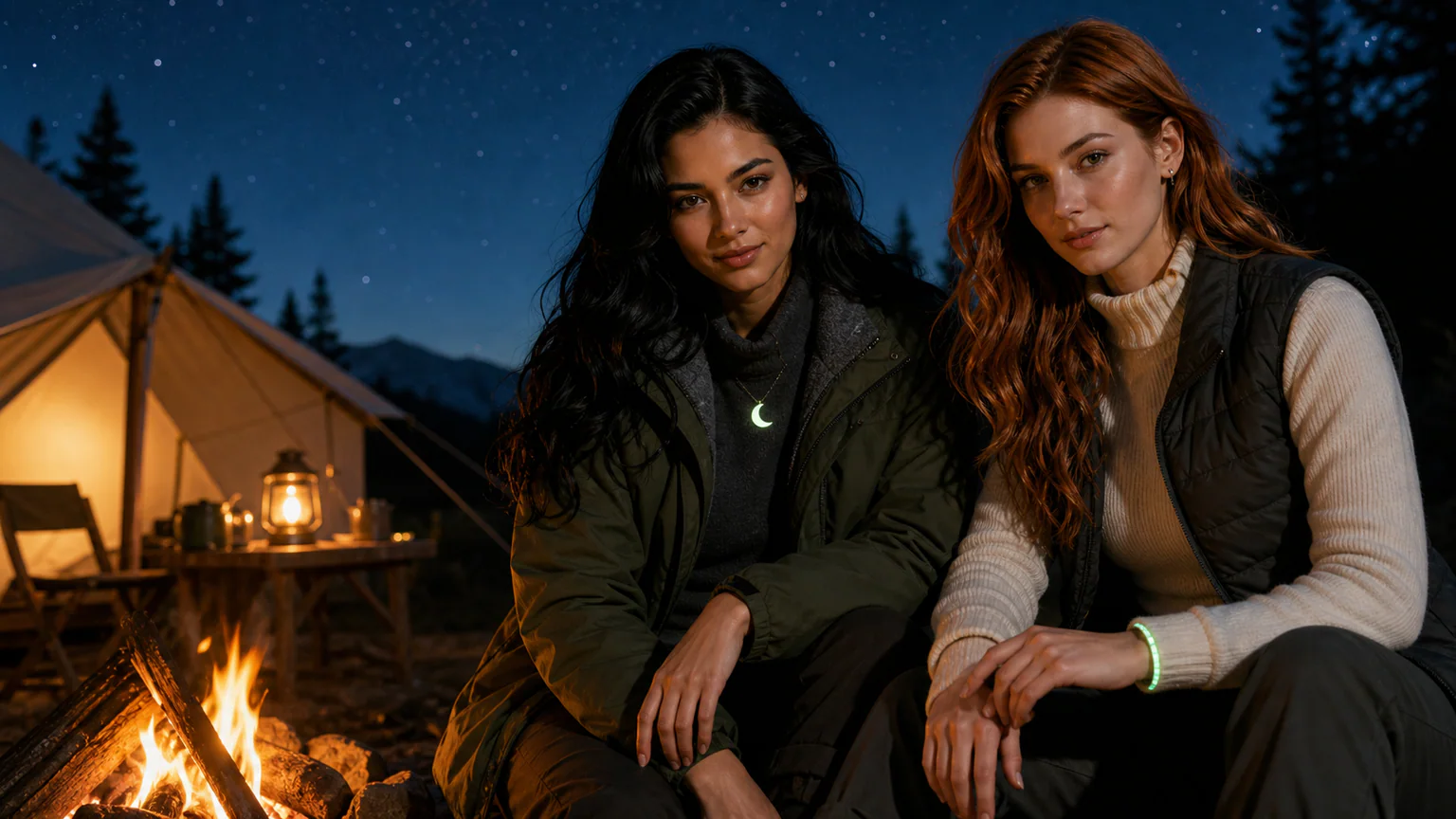 Glow accessories outdoors styled with a camping outfit at night