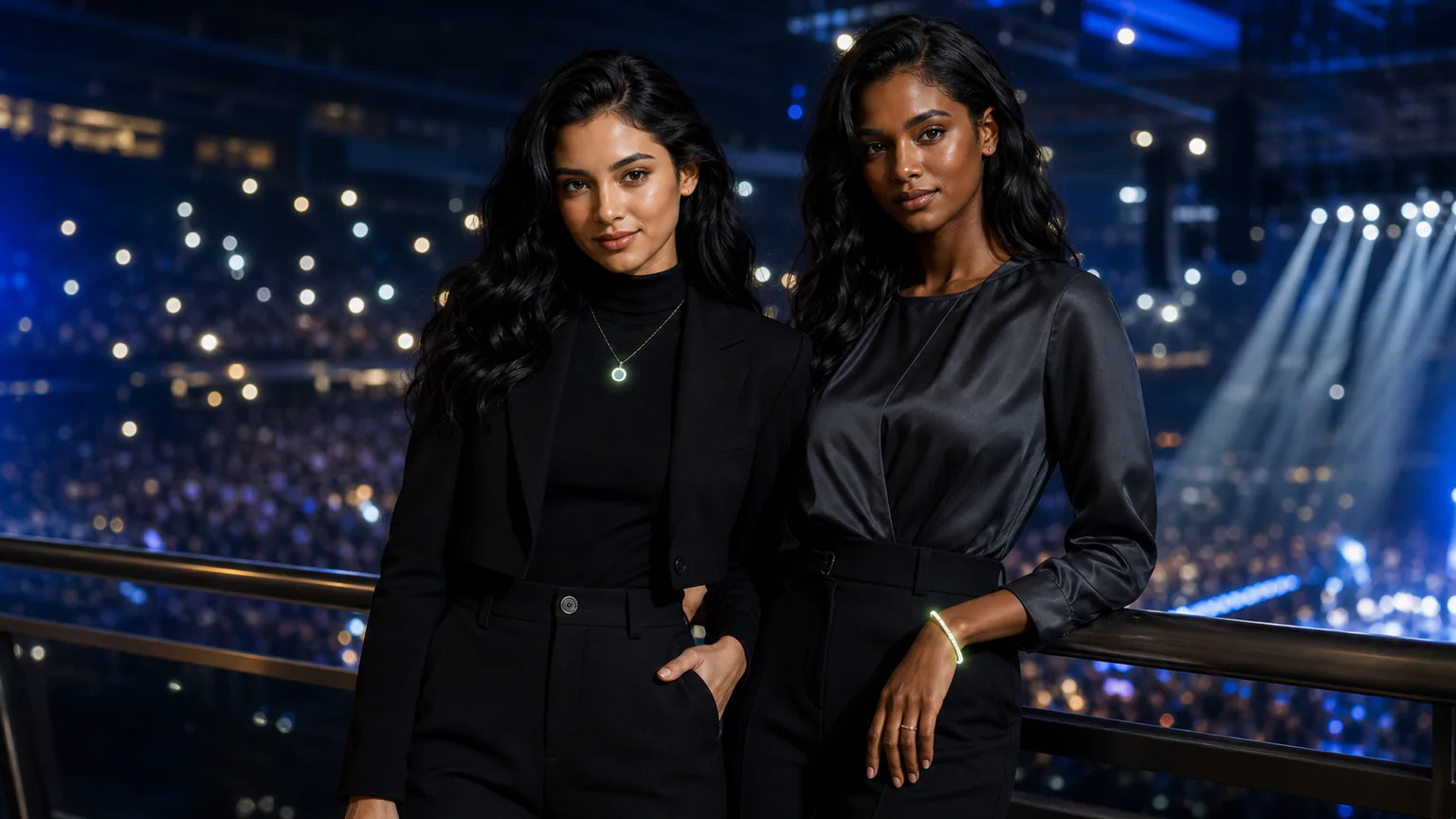 Glow concert outfit with luminous jewelry styled for an arena show