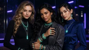 Maximalist glow party jewelry styled with layered rave accessories and black outfit