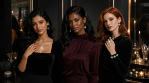 Halloween glow jewelry paired with dark makeup, pulled-back hair, and an open neckline
