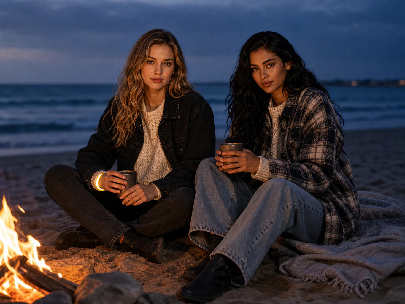 luminous accessories for camping styled as night outdoor accessories at a beach bonfire