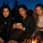 Luminous accessories for camping photographed after dark near a campfire