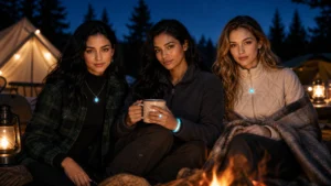 Luminous accessories for camping photographed after dark near a campfire