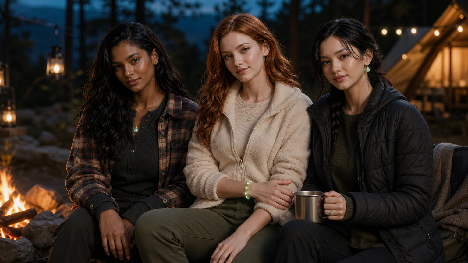 Luminous accessories for camping styled with fleece layers and relaxed campfire hair