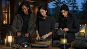 Minimalist camping accessories with a luminous bracelet styled for a night outdoor outfit
