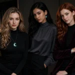 Minimalist holiday jewelry with a glow pendant styled for Halloween night