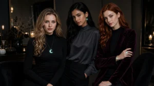 Minimalist holiday jewelry with a glow pendant styled for Halloween night