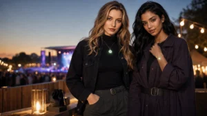 One piece of music festival jewelry styled with a black outfit after sunset