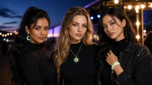 Night festival style with glow jewelry paired with makeup, hair, and neckline