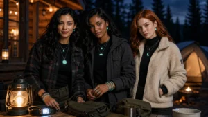 Maximalist night outdoor jewelry styled with glow accessories for a camping trip