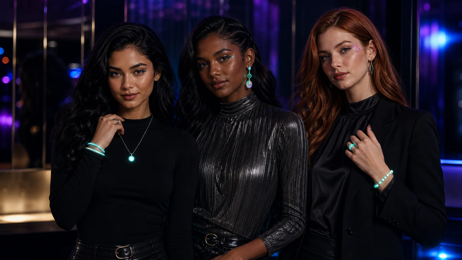 Nightclub jewelry paired with rave makeup, pulled-back hair, and a black neckline