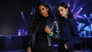 Rave outfit accessories with a luminous bracelet styled against a black glow party outfit