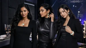 Statement jewelry for concerts paired with makeup, pulled-back hair, and a black neckline