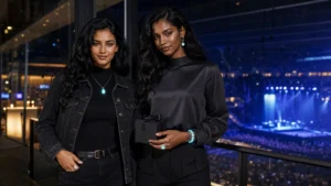 Statement jewelry for concerts photographed after dark at an arena show